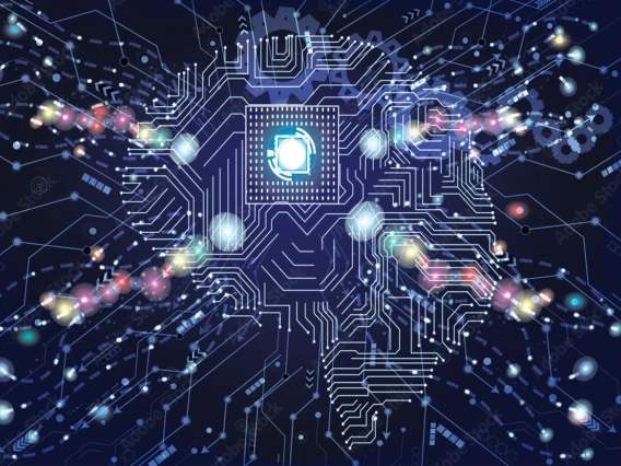 An image of a digital brain with different wires and lights pointing out