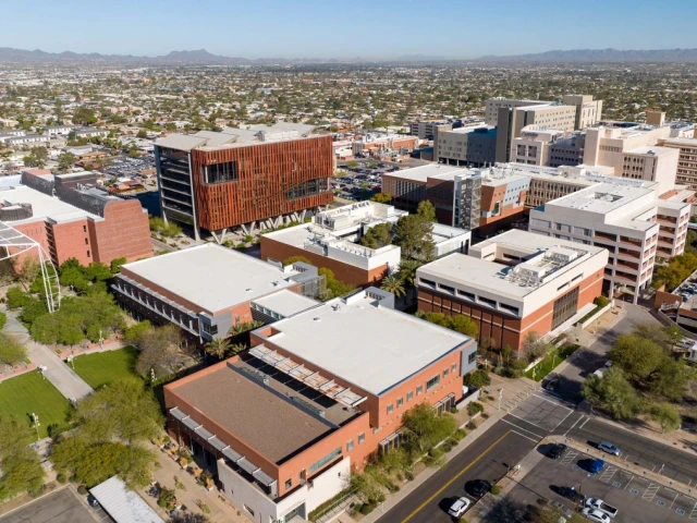 A drone overhead snapshot of the University of Arizona Health Sciences building