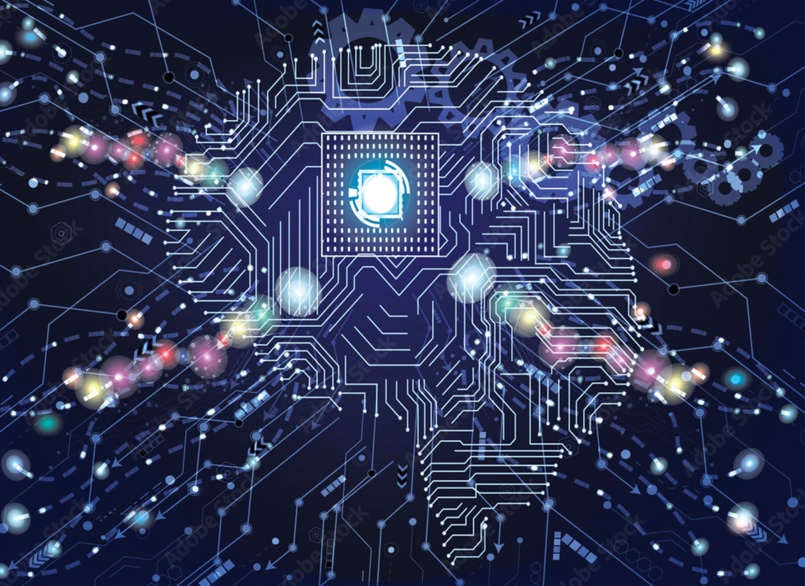 An image of a digital brain with different wires and lights pointing out